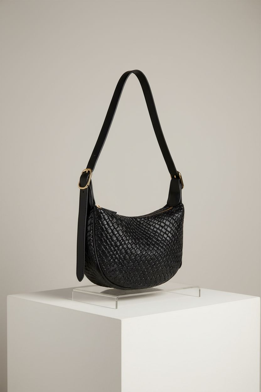 BOSTANTEN black woven crescent handbag showcased on clean studio backdrop