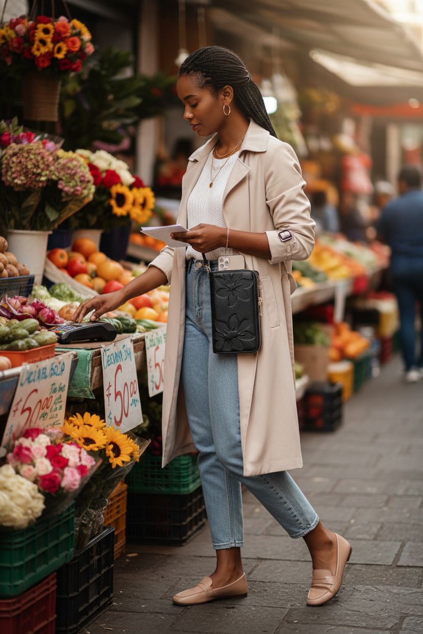 GOIACII black wristlet purse being used at a vibrant city market, stylish and practical for shopping