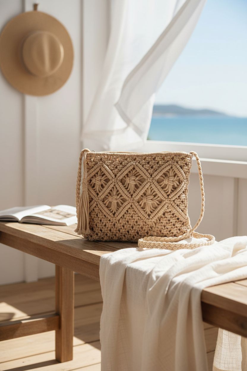 Peicees crochet bag on a beach-house porch with soft light and decor