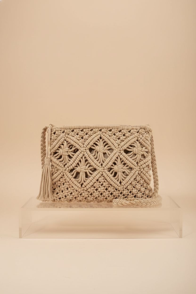 Peicees crochet bag displayed in a clean studio setting, showcasing its details