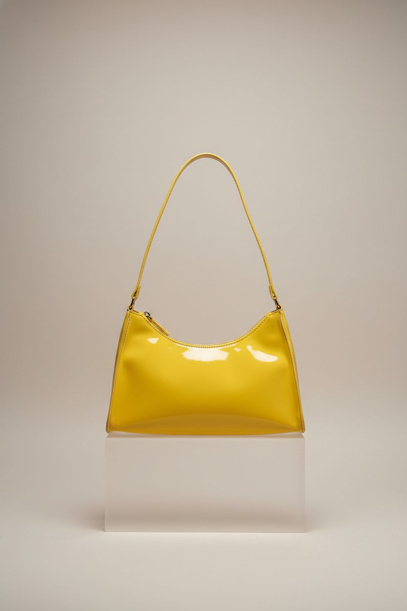 QWINEE yellow patent leather handbag showcasing glossy finish and zipper