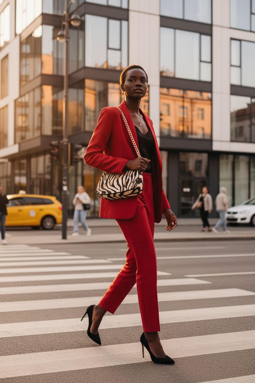 Vintage zebra print shoulder bag by ALAZA, styled with a chic red pantsuit in urban evening light.