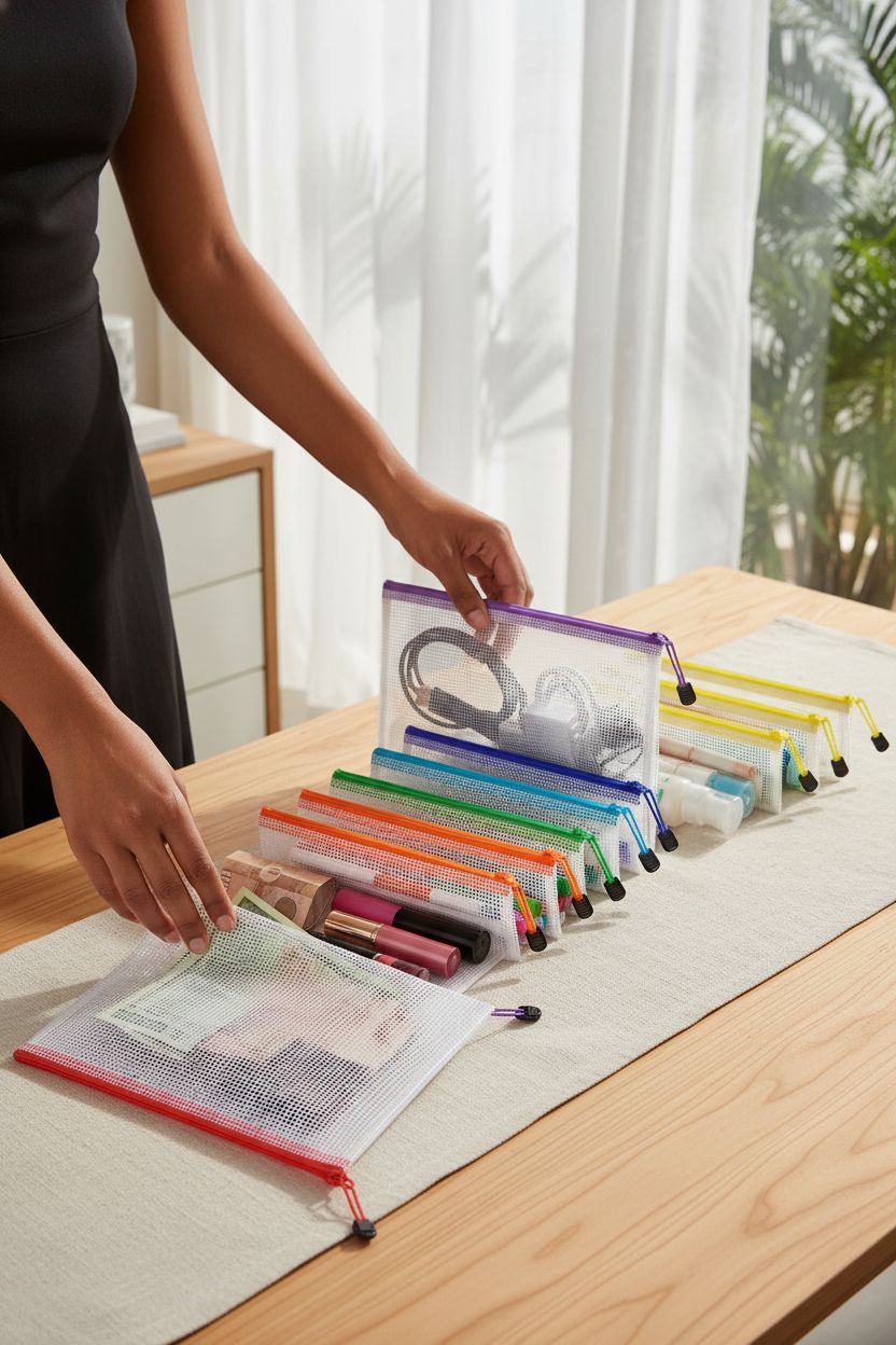 Gradient lineup of UMETDO mesh pouches on a birch desk, organizing bills and cosmetics.