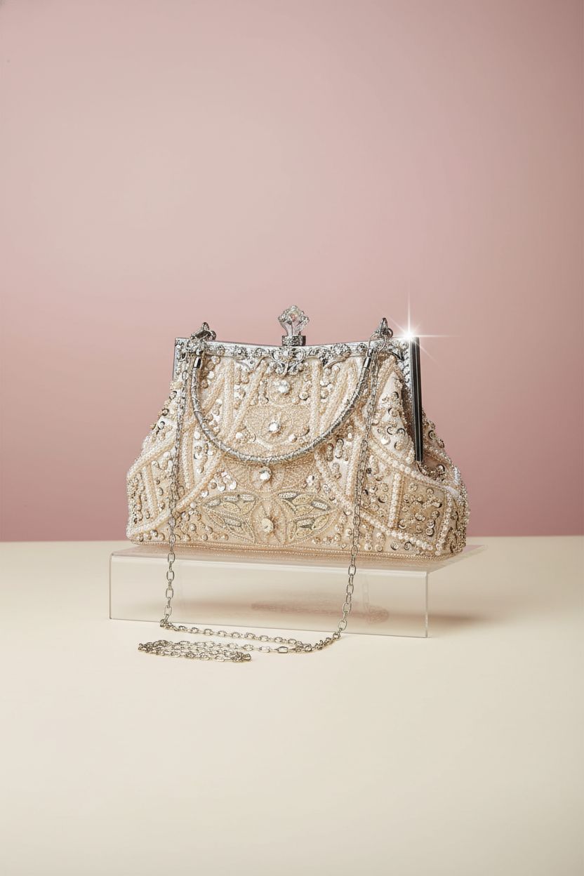 Amylove 1920s vintage beaded clutch displayed on clear acrylic, highlighting exquisite design