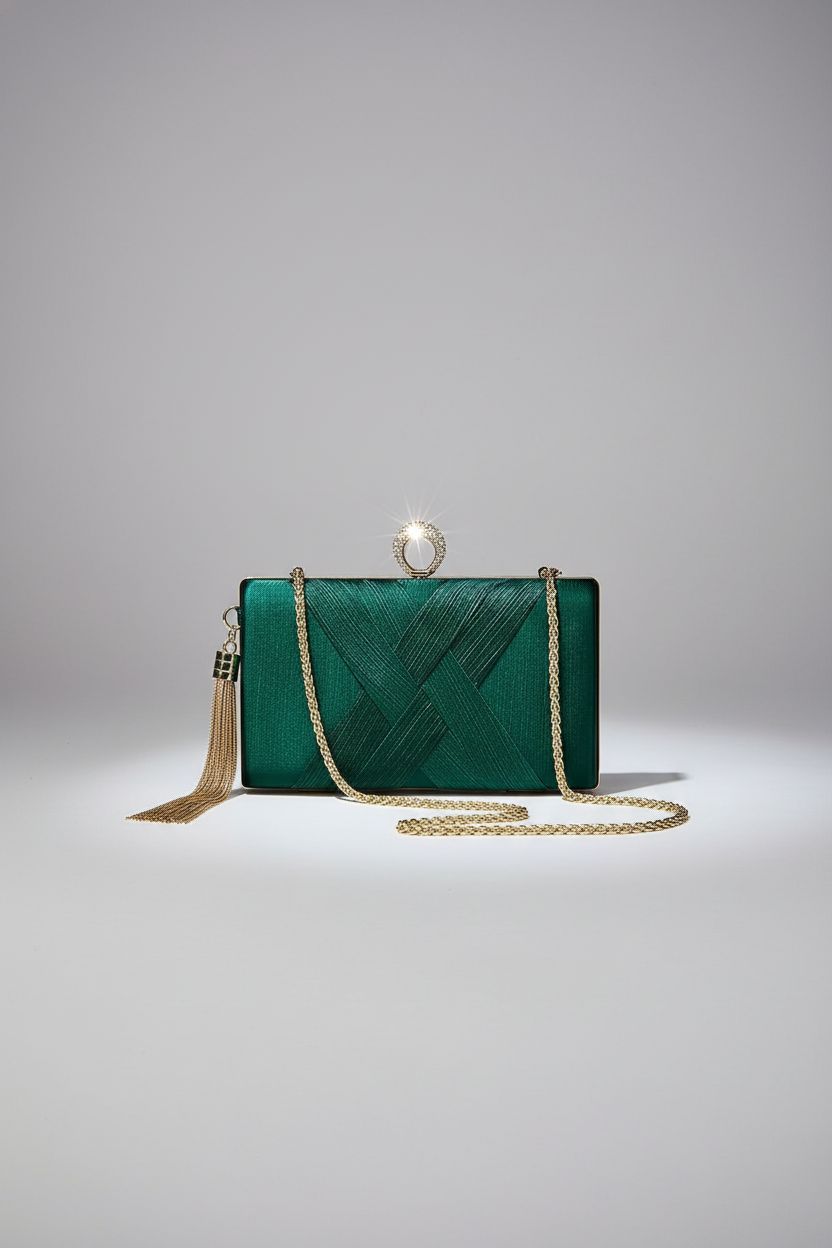 BABEYOND emerald clutch purse displayed elegantly, showcasing its tassel design