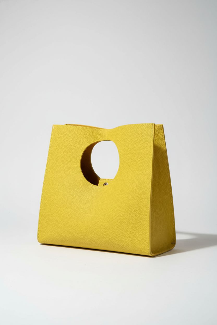 HOXIS yellow handbag displayed in a minimalist studio, highlighting pebble-grain PU texture.
