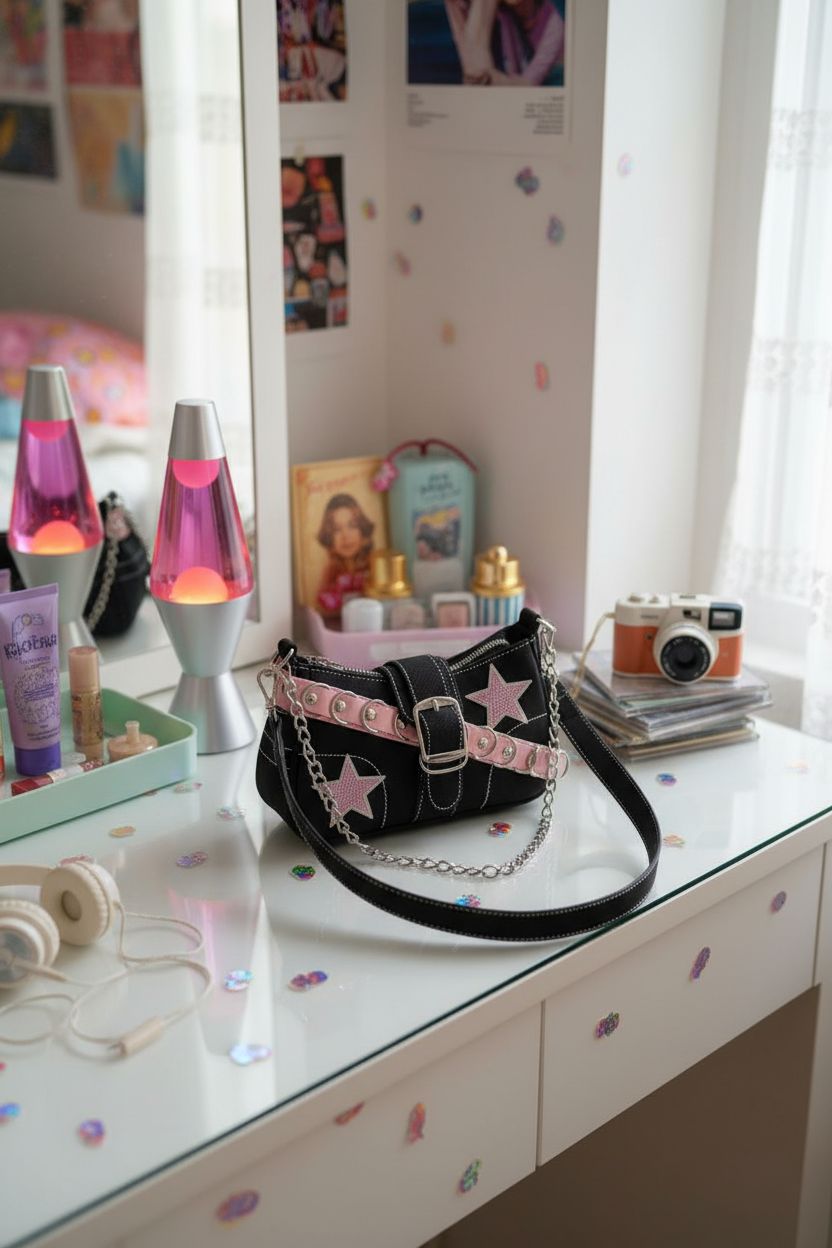 Uchyius Y2K purse displayed on a retro vanity, surrounded by nostalgic decor and warm lighting.