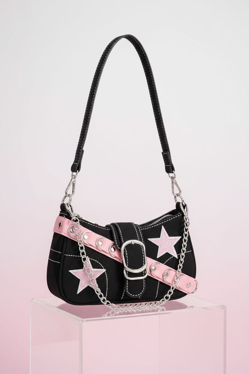 Close-up of Uchyius black Y2K bag on acrylic riser, highlighting its stylish design and craftsmanship.