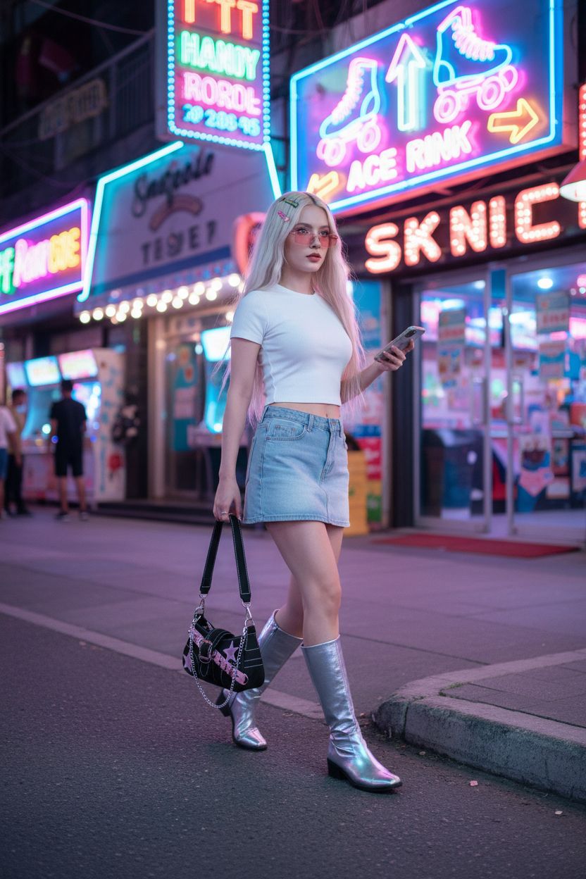 Trendy Uchyius Y2K black crossbody bag captured in a neon arcade, ideal for a fun day out.