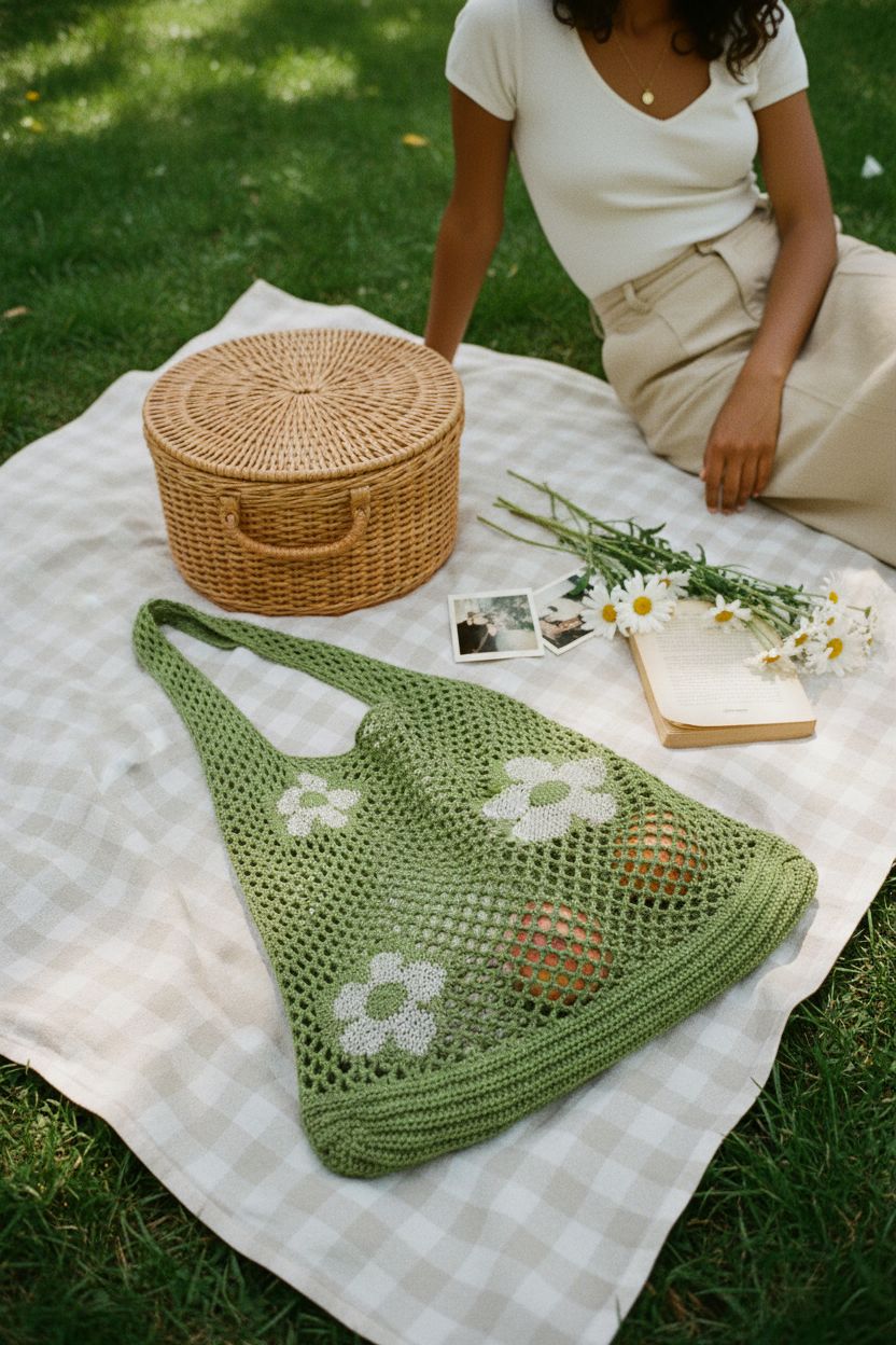 AIYUENCICI crochet tote in a park setting, showcasing 70s purse vibes