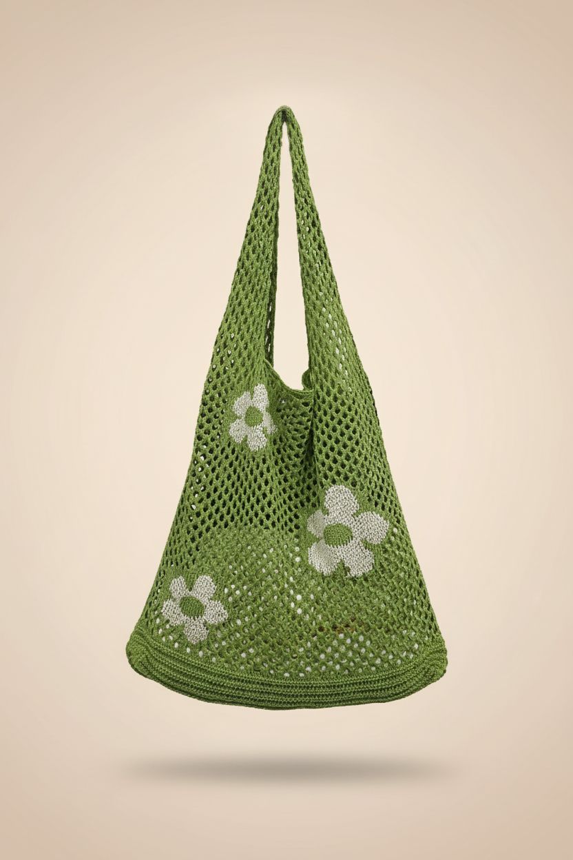 AIYUENCICI green crochet tote showcasing flat-knit mesh and flower appliqués