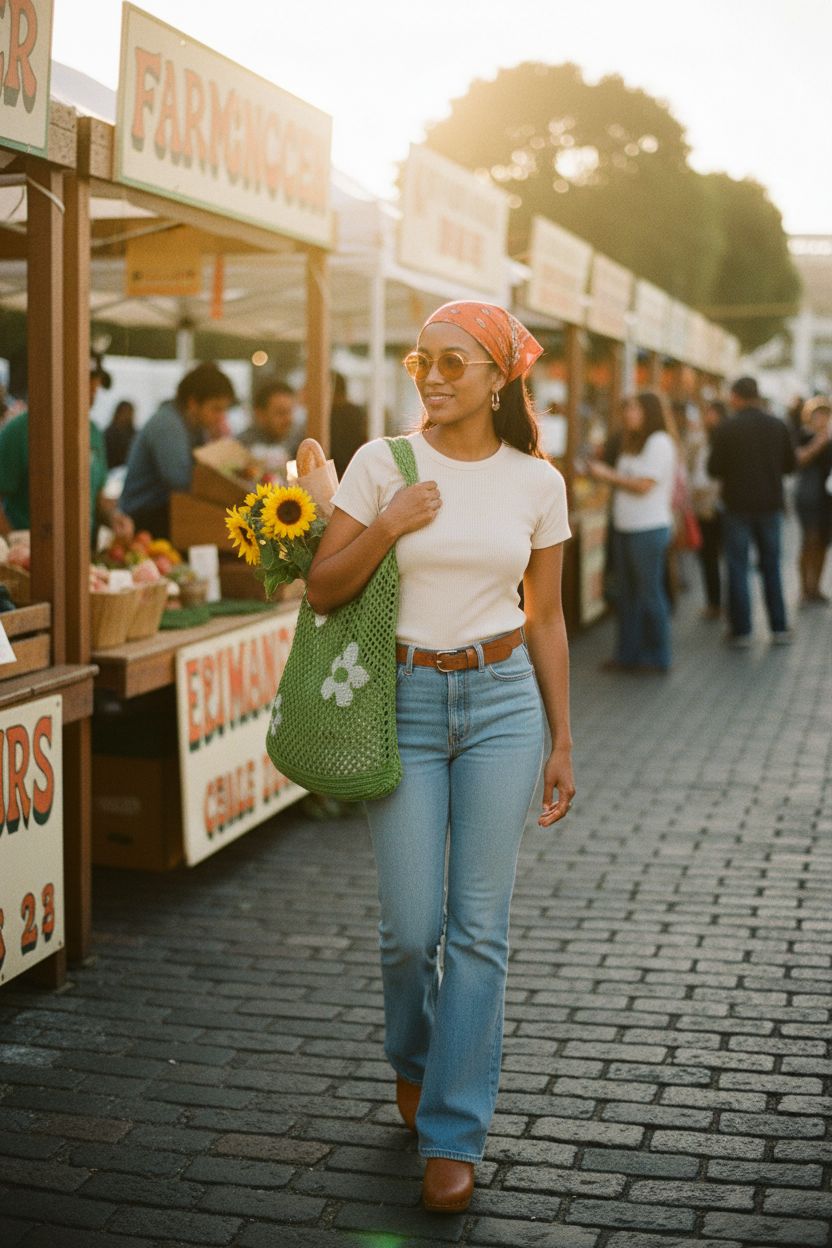 AIYUENCICI green knitted shoulder bag at a farmer's market, 70s inspired purse