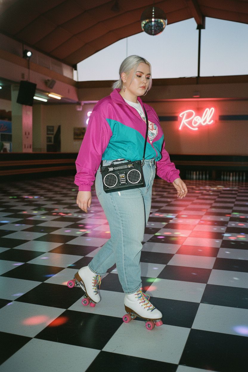 TAMMYFLYFLY unique black radio-shaped bag worn crossbody at a retro roller rink
