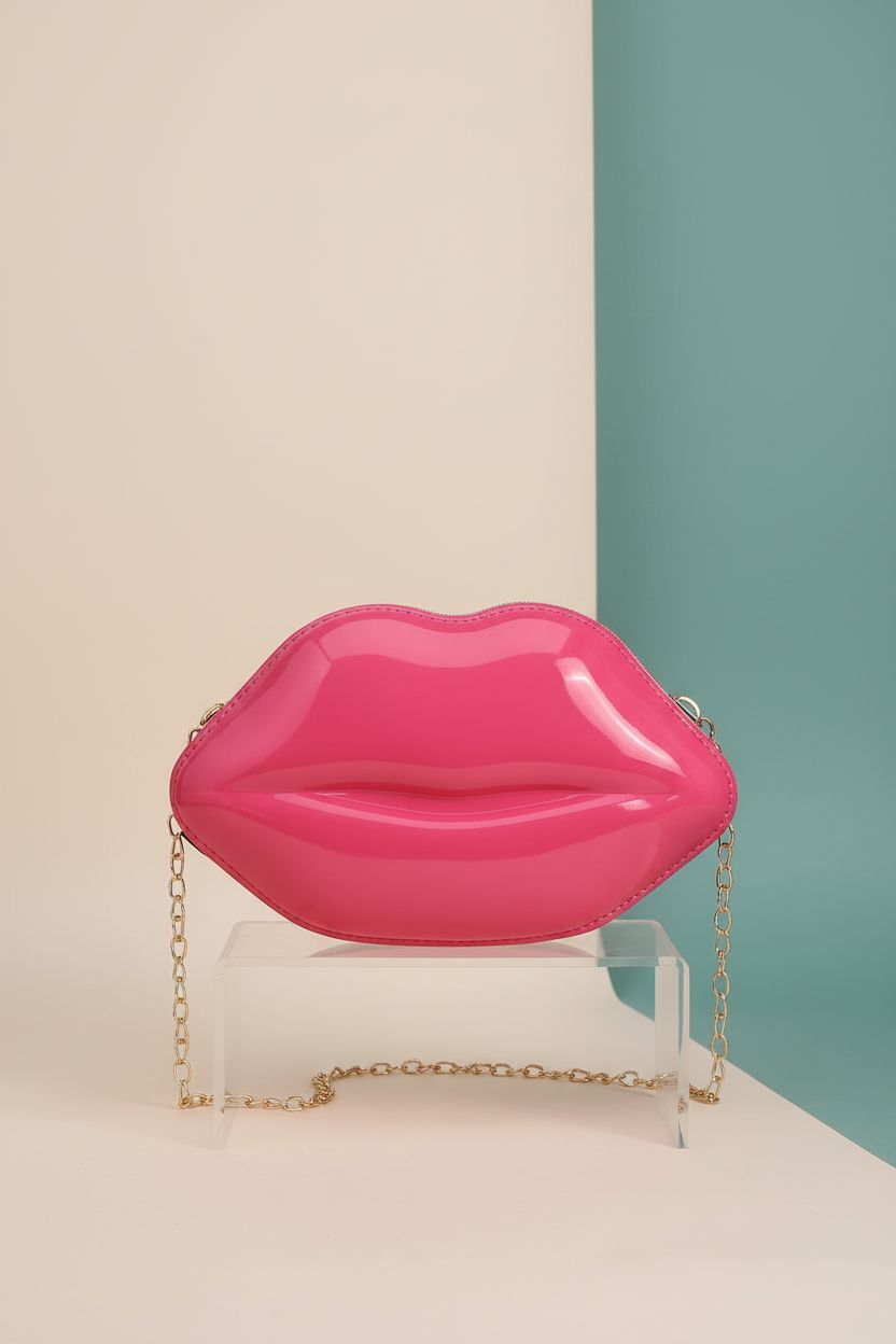 LoveWLC red lip-shaped clutch purse on acrylic riser, showcasing clean design and details