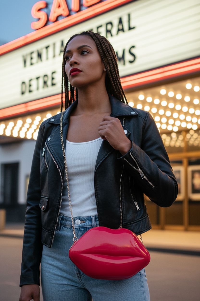 LoveWLC glossy red lip clutch purse with gold chain on a black moto jacket, 80s purses style