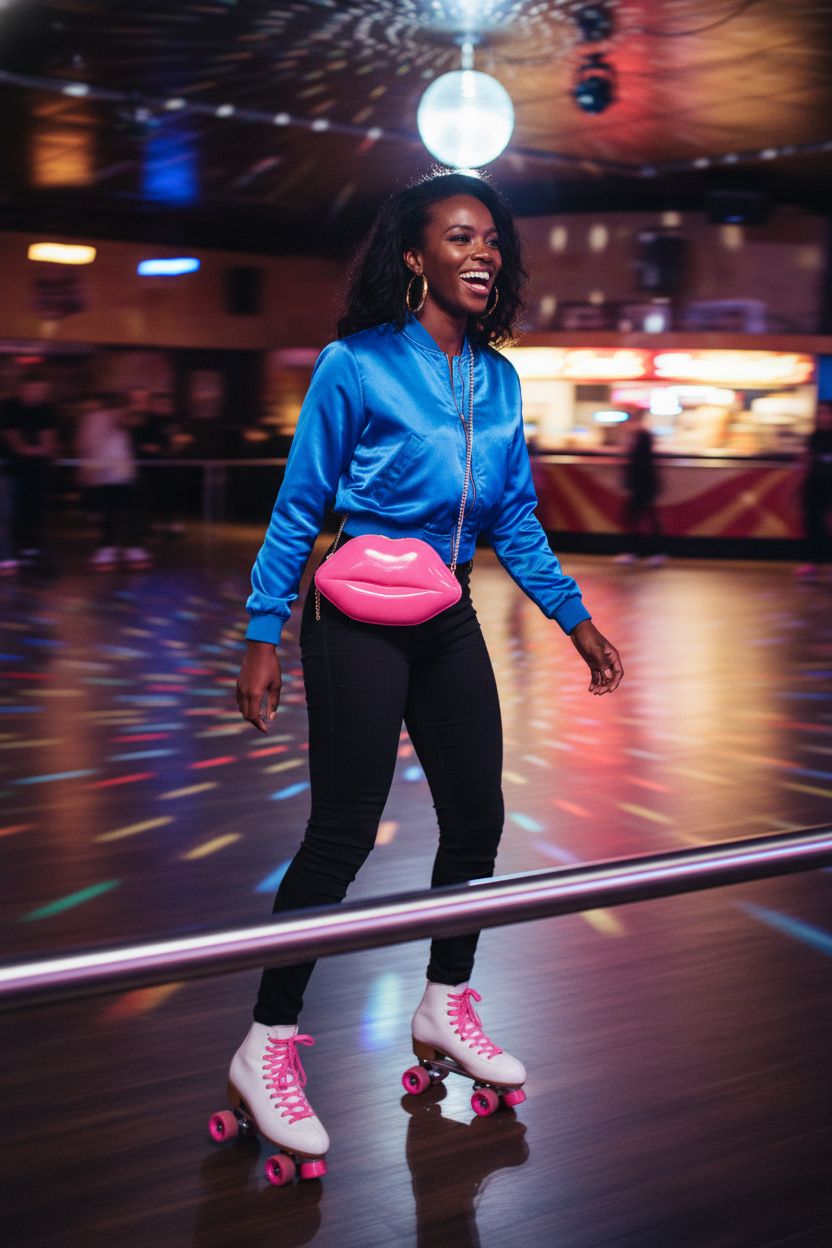 LoveWLC hot-pink lip clutch purse bouncing crossbody at a retro roller rink, vibrant 80s style