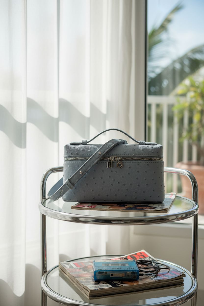 Rejolly light blue ostrich bag displayed elegantly on a vintage table by a window, evoking nostalgia.