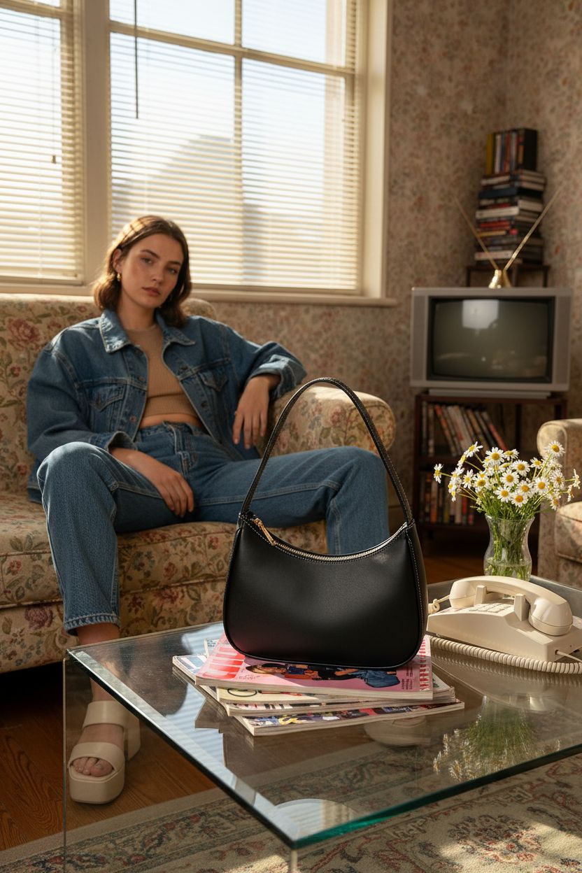 CYHTWSDJ mini hobo purse in a cozy 90s-inspired living room setting
