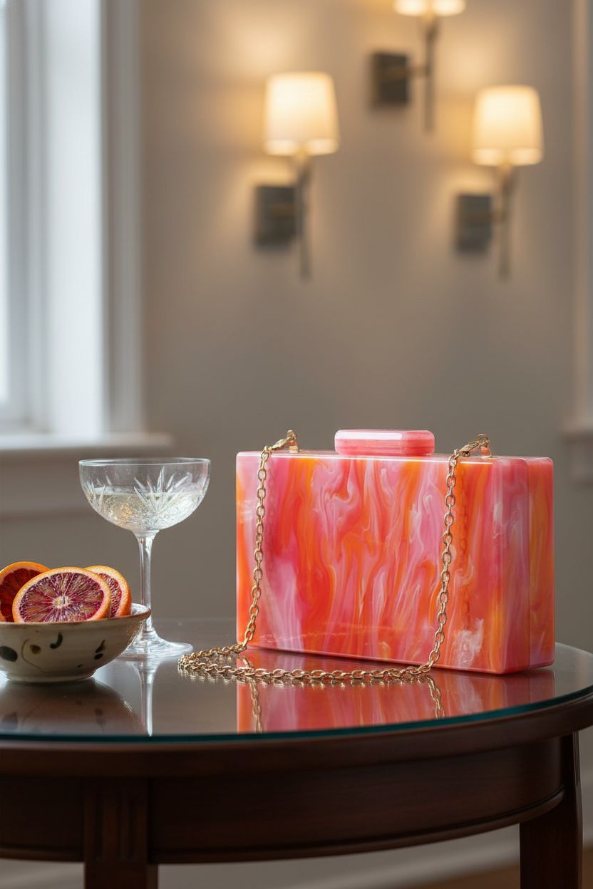 Elegant malachite green acrylic handbag by Gets on a walnut table, enhancing a sophisticated lounge setting.