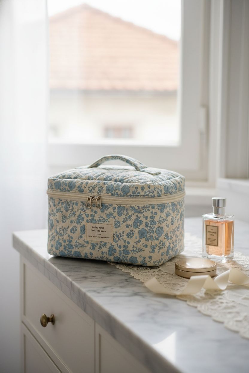 Gosect aesthetic cosmetic bag on marble counter with perfume and lace accents