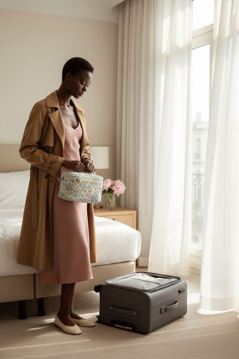 Gosect large floral cosmetic bag on dresser in sunlit boutique hotel room