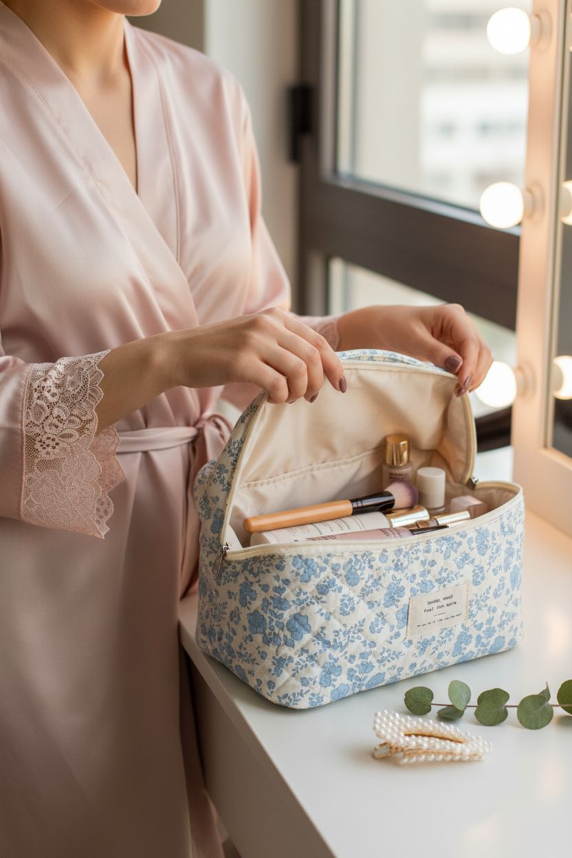 Gosect floral cosmetic bag opened on vanity with brushes and skincare products