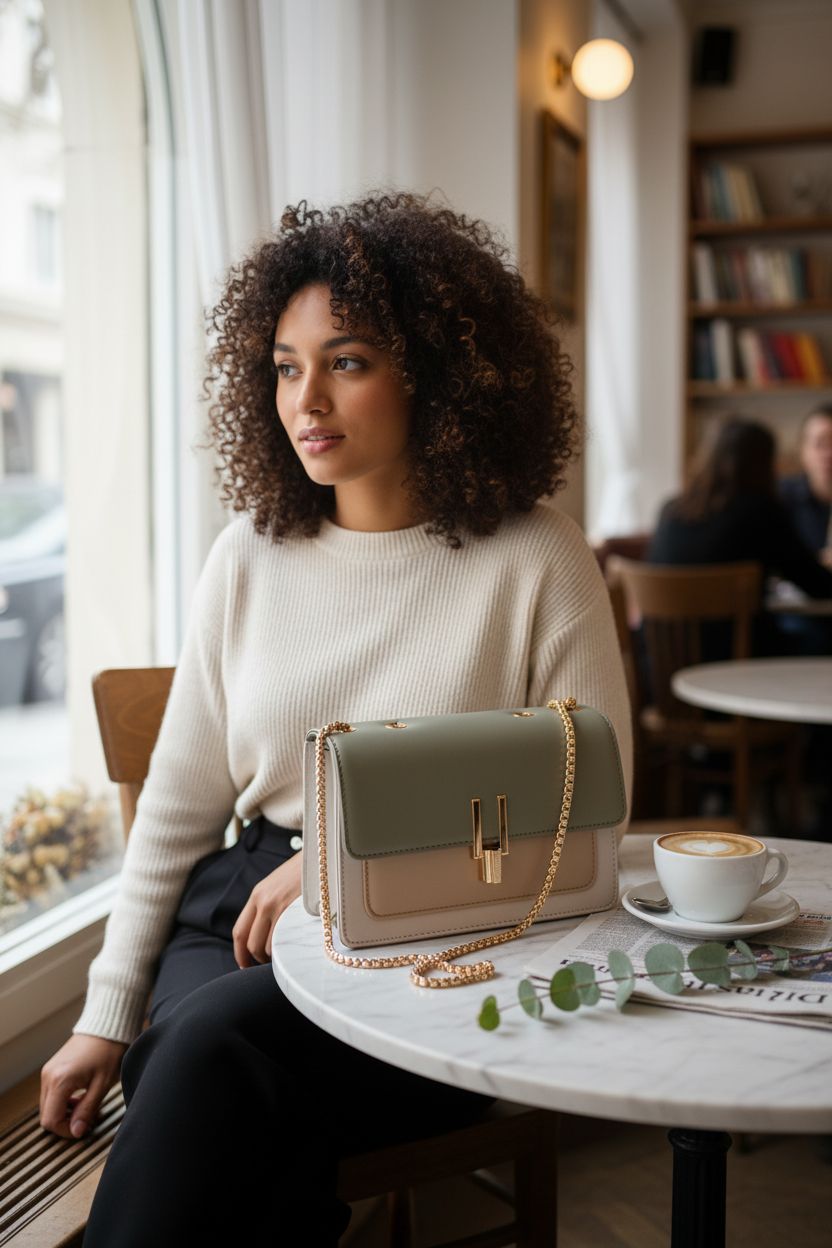 TOP BAND leather crossbody bag resting on a marble table in a cozy café setting.