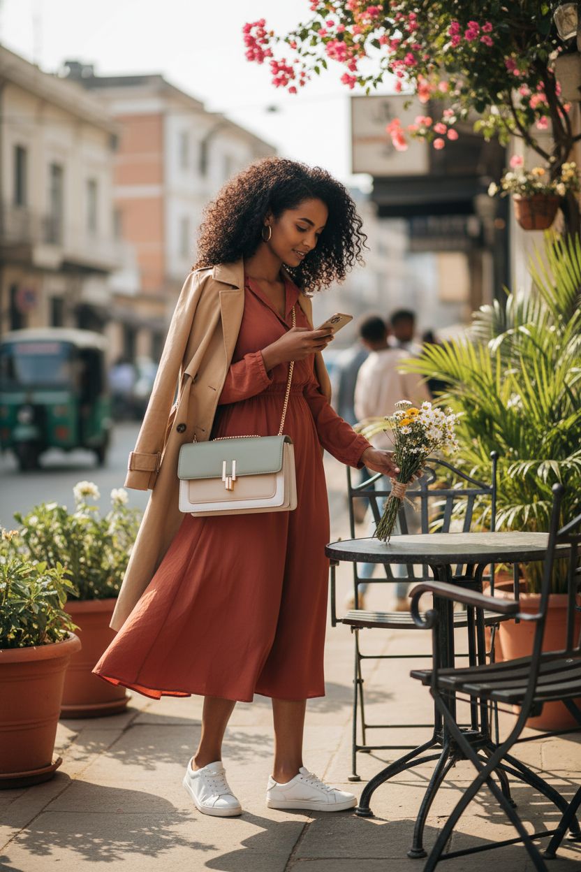 Cute color-block leather crossbody bag by TOP BAND on a café table with a bouquet.