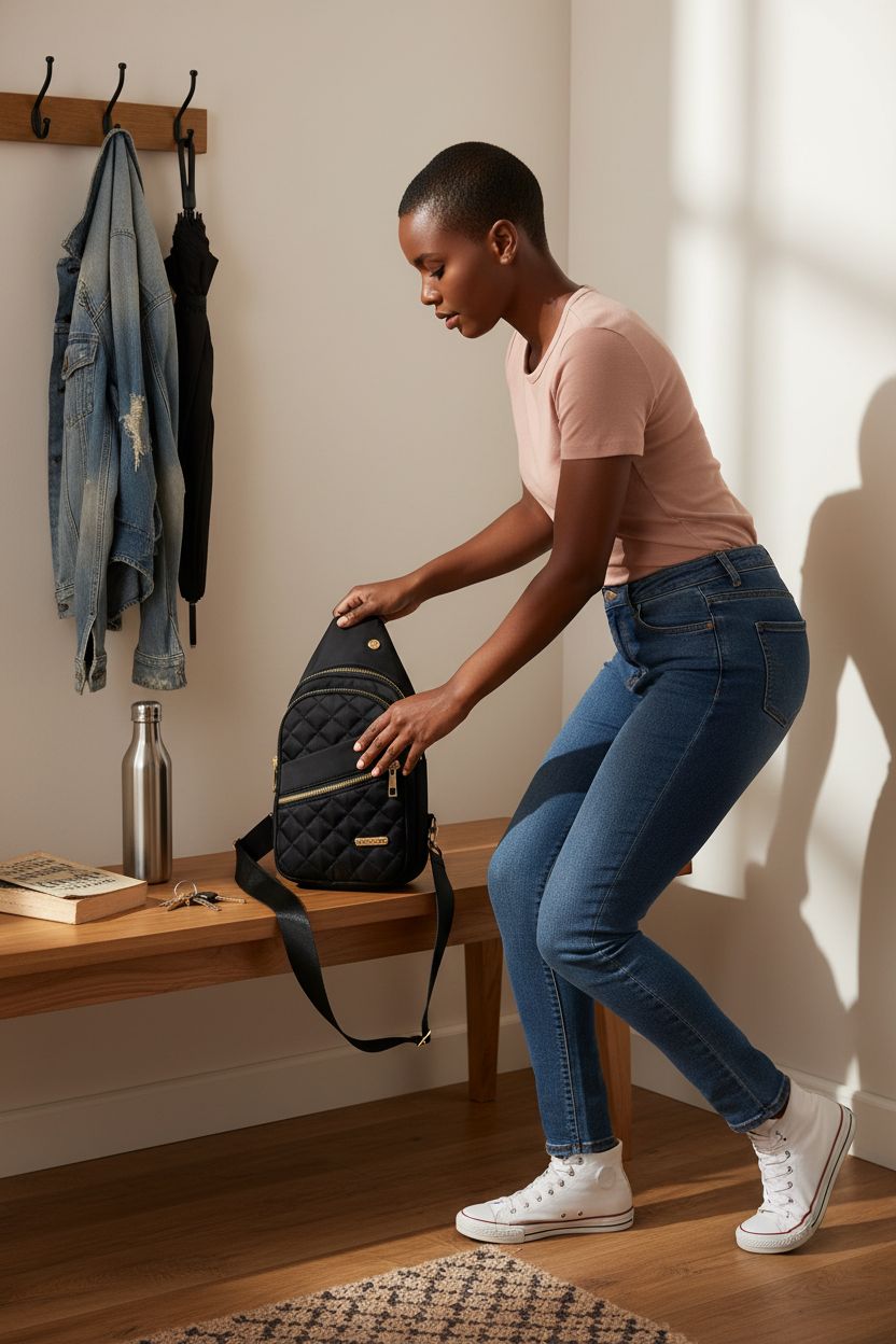 YAZEKOUS Sling Bag resting on a cozy bench, reflecting an affordable and stylish lifestyle.