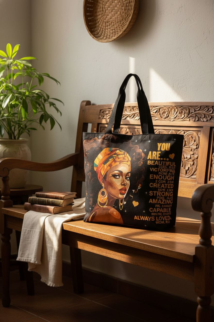 OIIJZzy tote bag on a wooden bench, surrounded by a cozy home setting, great for daily use.