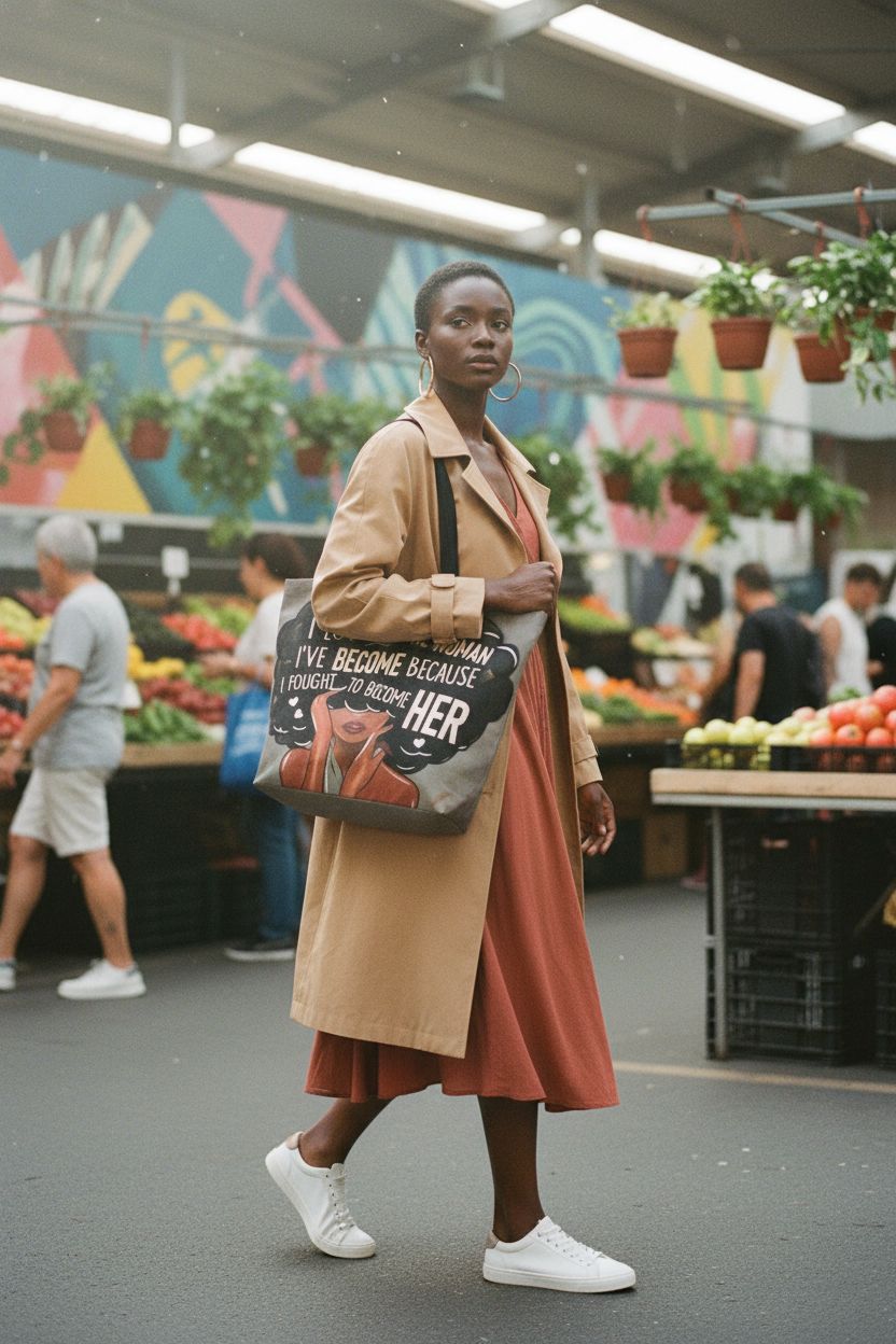 OIIJZzy tote bag with bold orange and gold design at a colorful market, ideal for shopping.