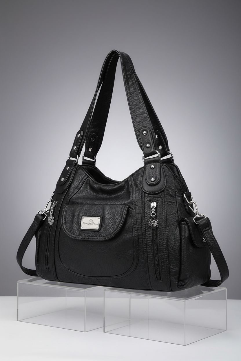 Angel Kiss large shoulder bag displayed on acrylic blocks highlighting its features