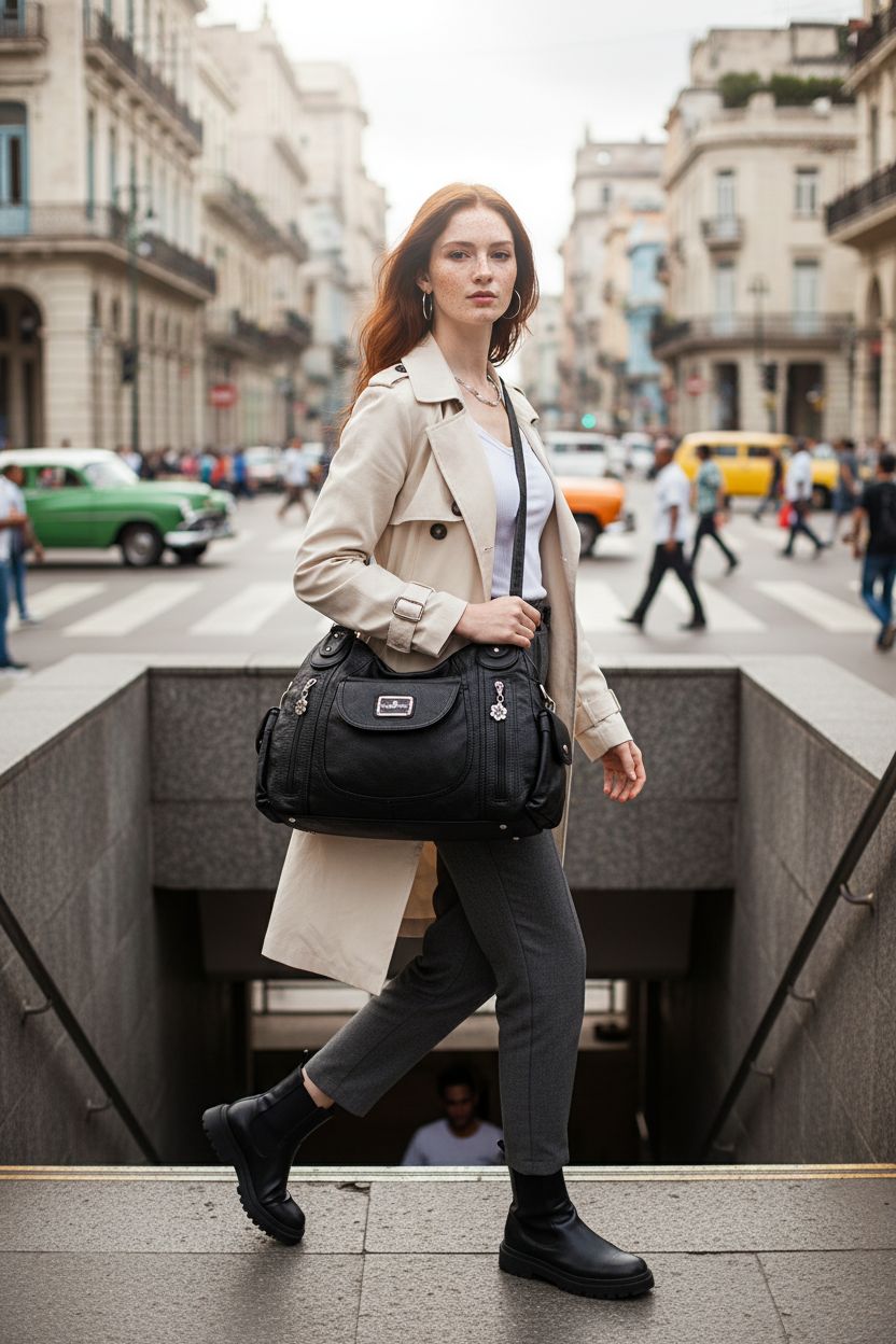 Angel Kiss large hobo tote purse in black washed PU showcased in urban setting
