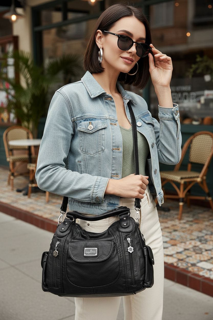 Angel Kiss black crossbody bag with easy-access pockets in casual café setting