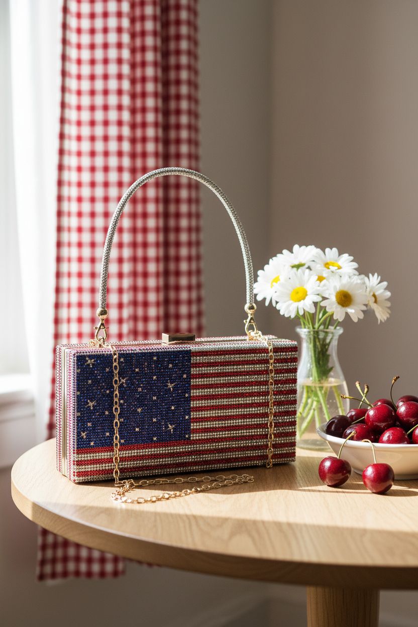 Pearl&she American flag clutch styled on a café table with summer decor, embodying casual elegance.