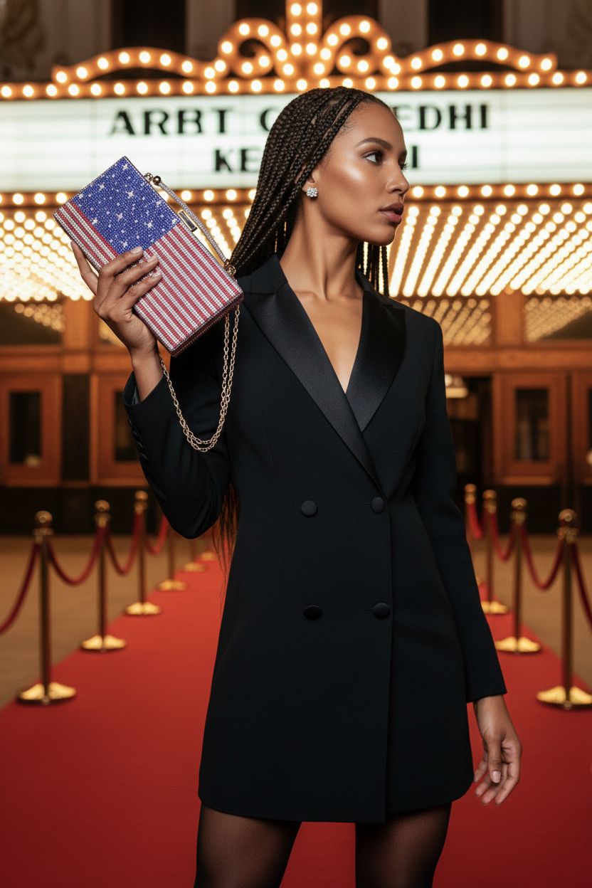 Elegant Pearl&she crystal American flag clutch photographed against a vibrant theater backdrop.