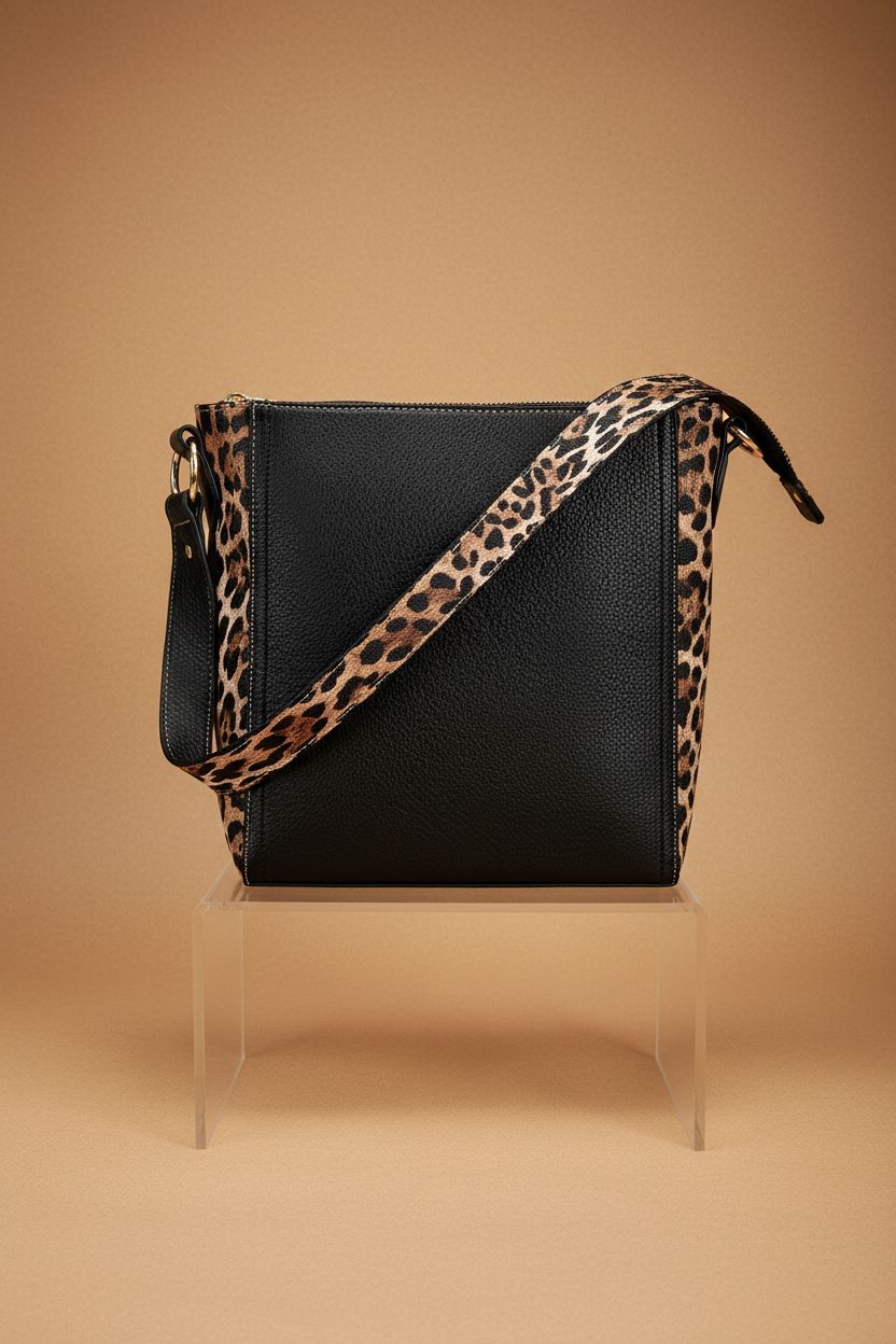 Montana West vegan leather handbag displayed on a minimalist riser with animal print design.