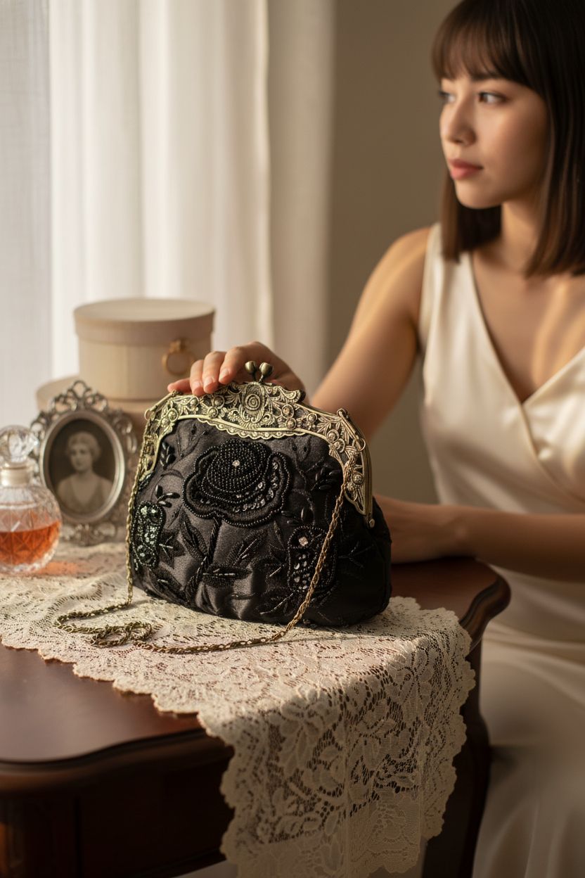 HeiDmai antique beaded purse on lace runner, evoking vintage elegance and charm