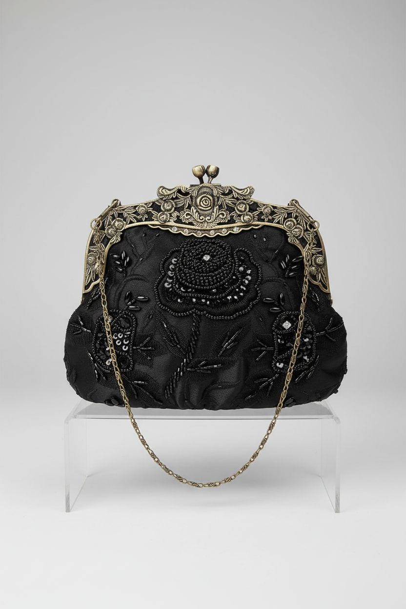 HeiDmai black antique beaded purse showcasing intricate craftsmanship and elegant design