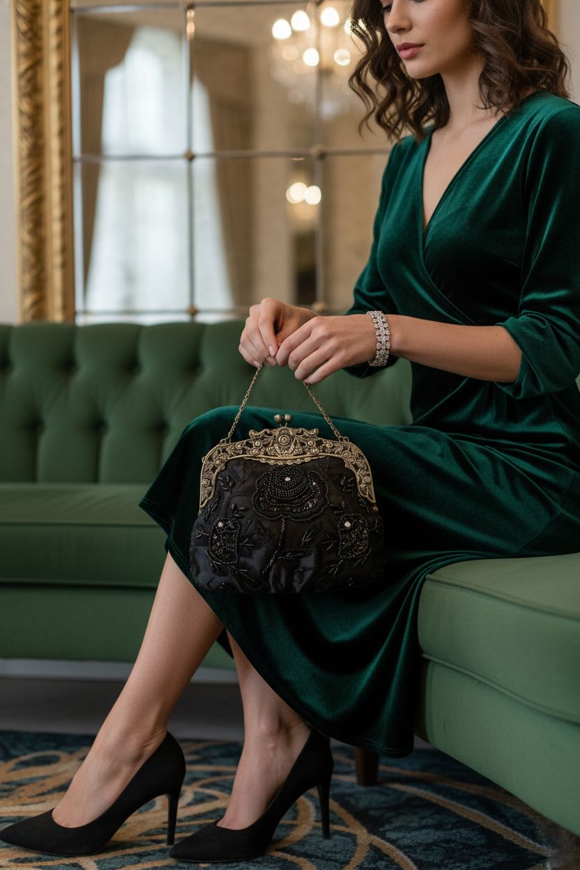 HeiDmai black beaded evening bag with chain, styled with emerald dress and matching accessories