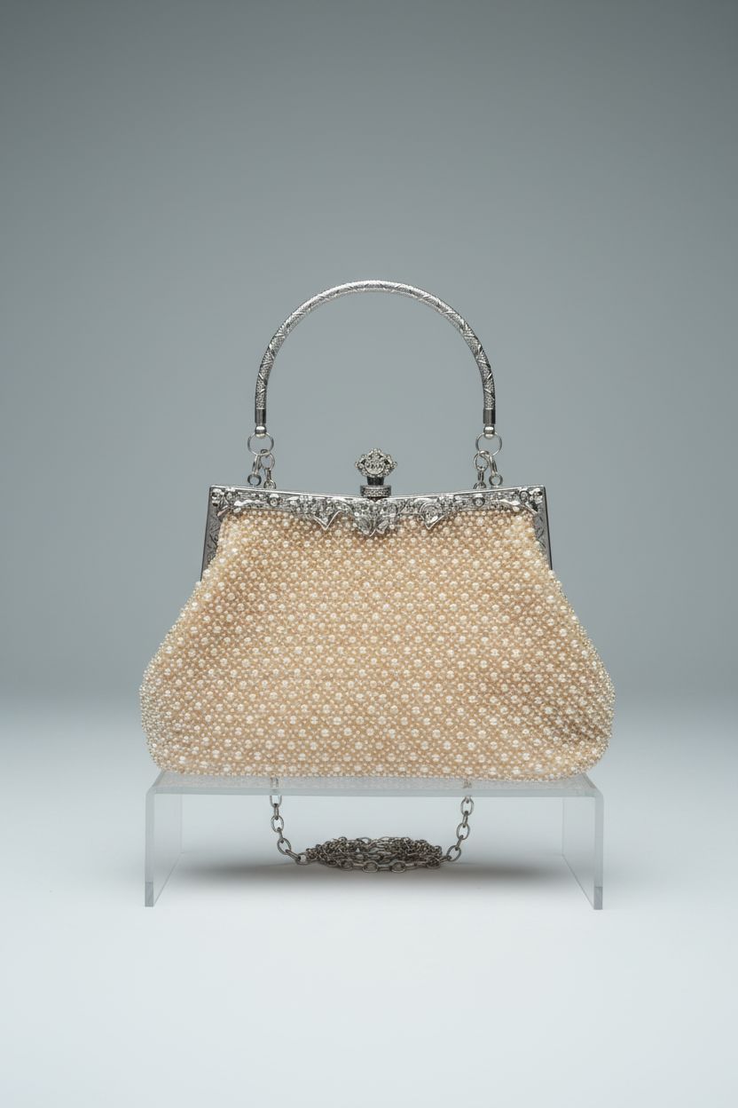 Lapulio 1920s vintage champagne beaded clutch with intricate details and silver frame.