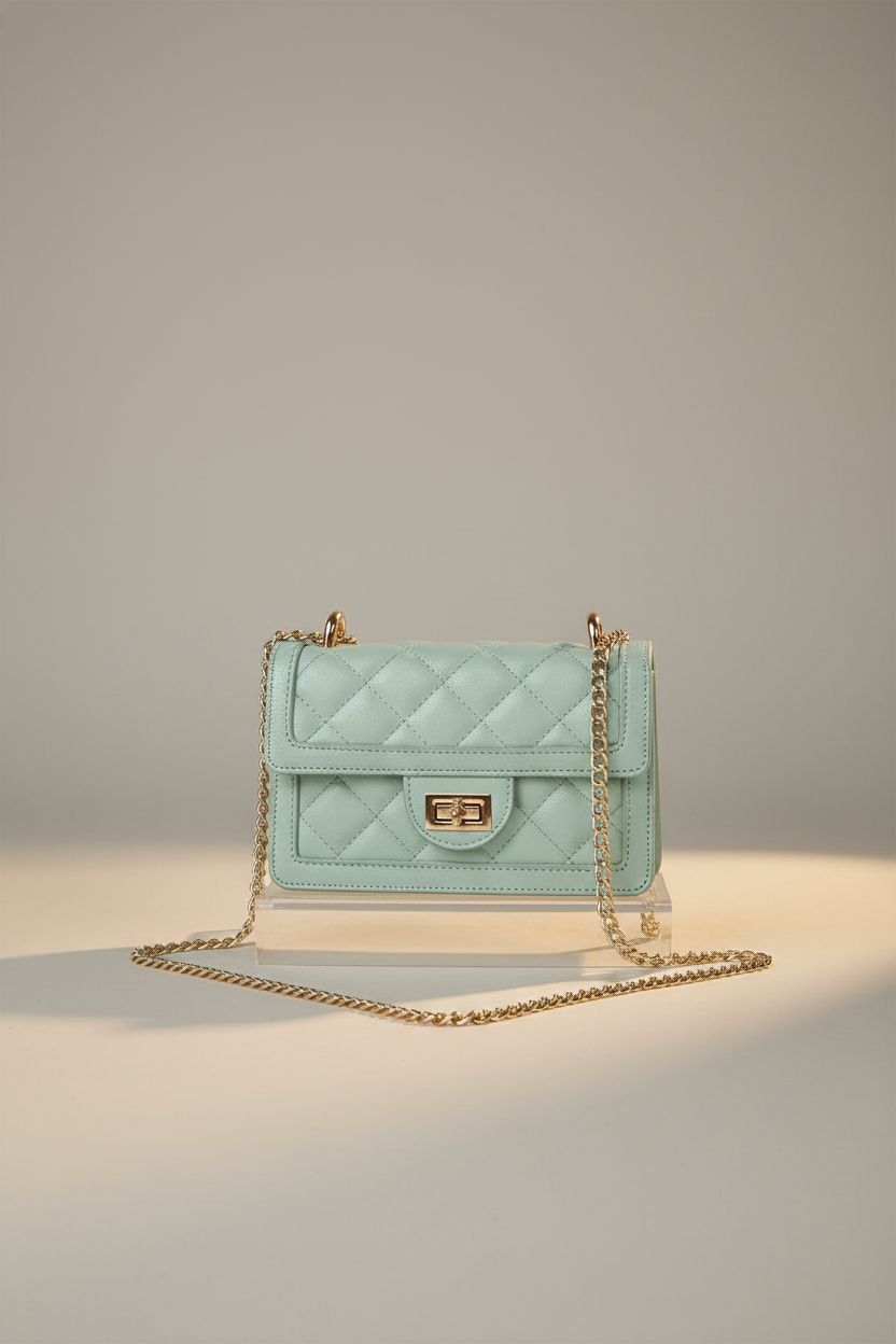 SG SUGU mint crossbody bag showcasing PU vegan leather quilting in studio setting