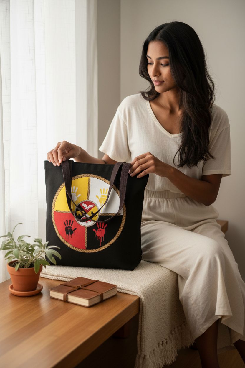 Native American Medicine Wheel MMIW tote bag placed on a cozy home nook with a journal and sage.
