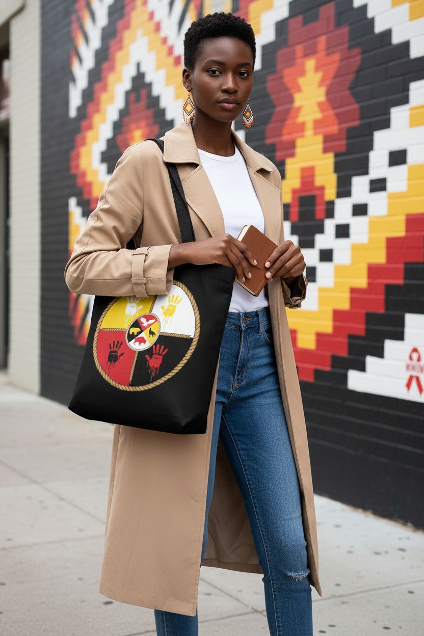 Native American Medicine Wheel MMIW tote bag on a sidewalk, stylishly paired with a tan trench coat.