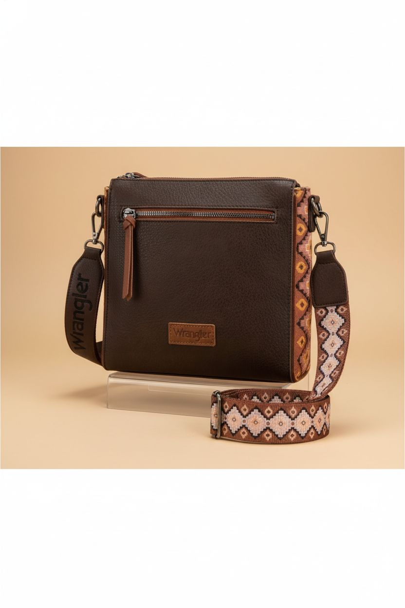 Detailed view of Wrangler Aztec crossbody purse emphasizing craftsmanship and materials.