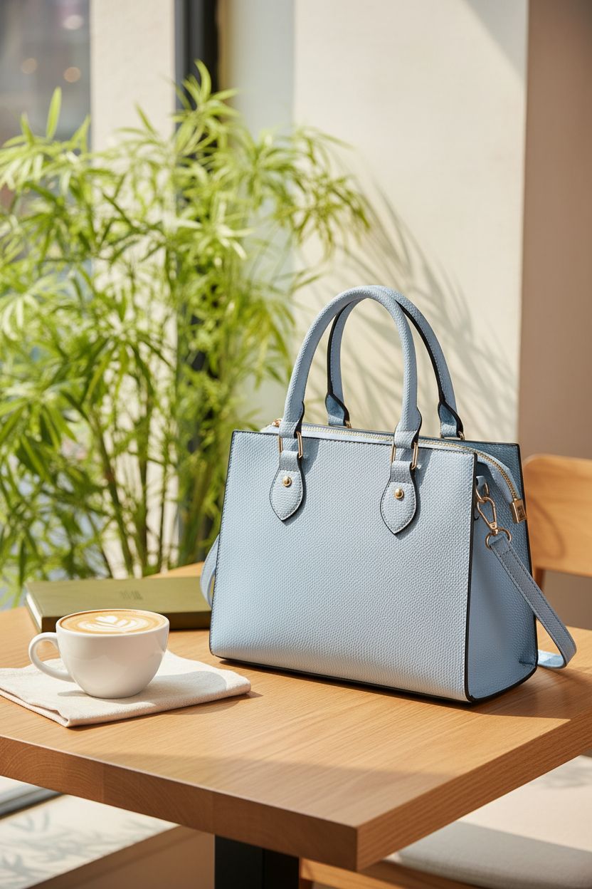 CHICAROUSAL baby blue purse on a café table, accompanied by coffee and greenery.