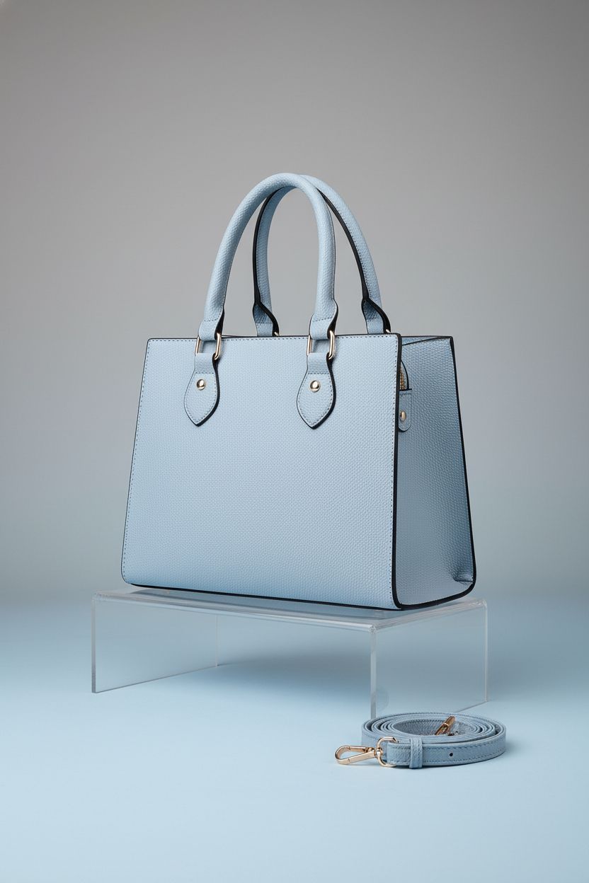 CHICAROUSAL baby blue purse displayed elegantly on a clear riser in studio lighting.