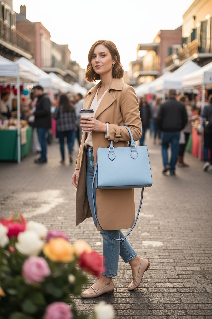 CHICAROUSAL baby blue crossbody purse styled in a spring market with pastel shopfronts.