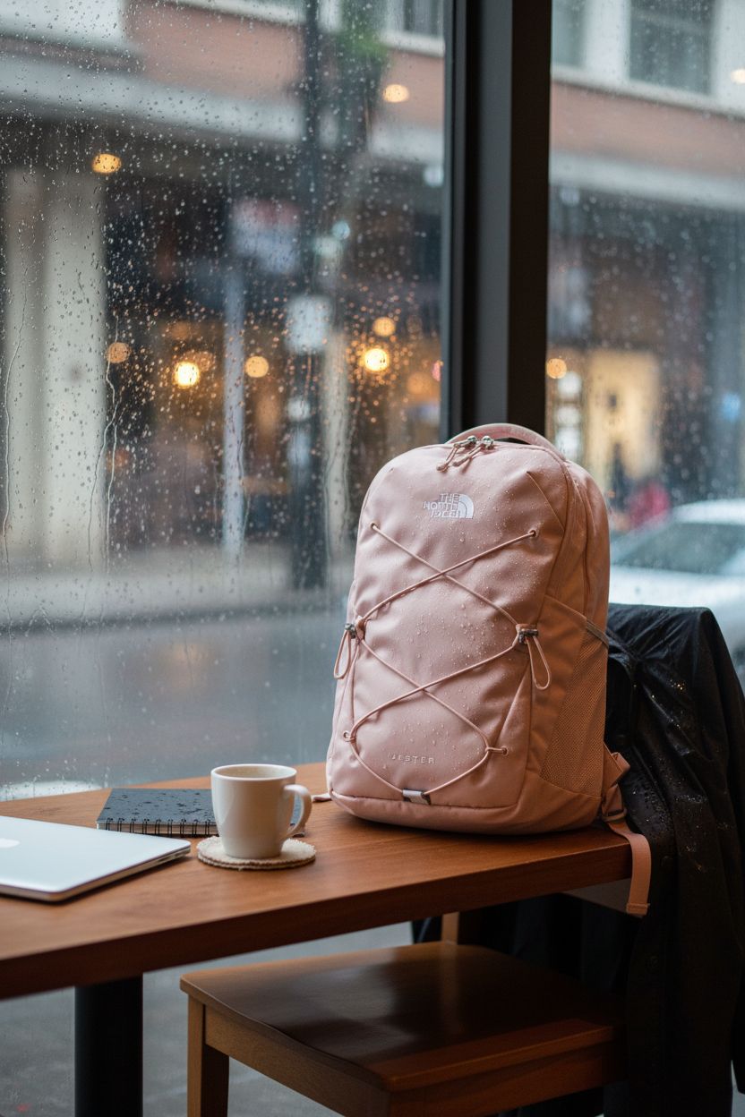 THE NORTH FACE Women's Jester Pink Moss backpack beside laptop in cozy café during rain.