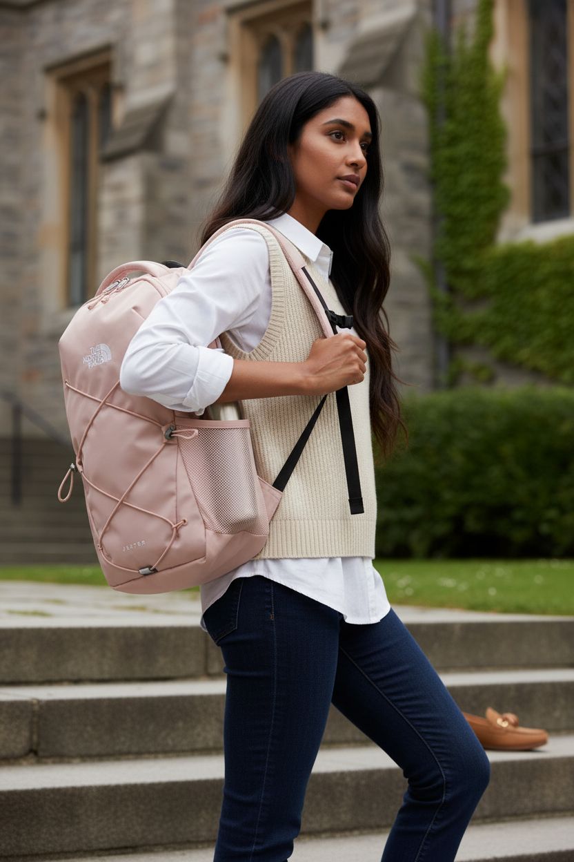 THE NORTH FACE Women's Jester backpack in Pink Moss on campus steps with water bottle pocket.